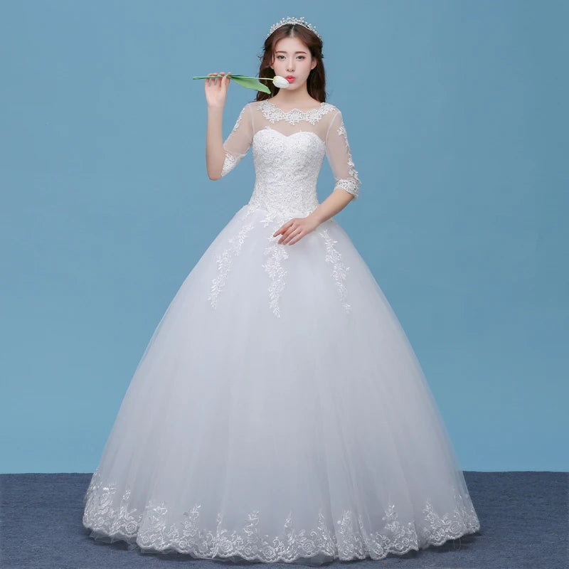Lace A- Line O-neck Wedding Dresses Cheap Floor Length Ivory Bride Gowns Custom Made