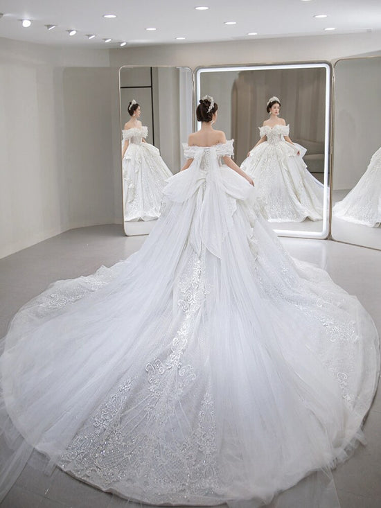 Off Shoulder Ball Gown Wedding Dress with Floral Lace / 