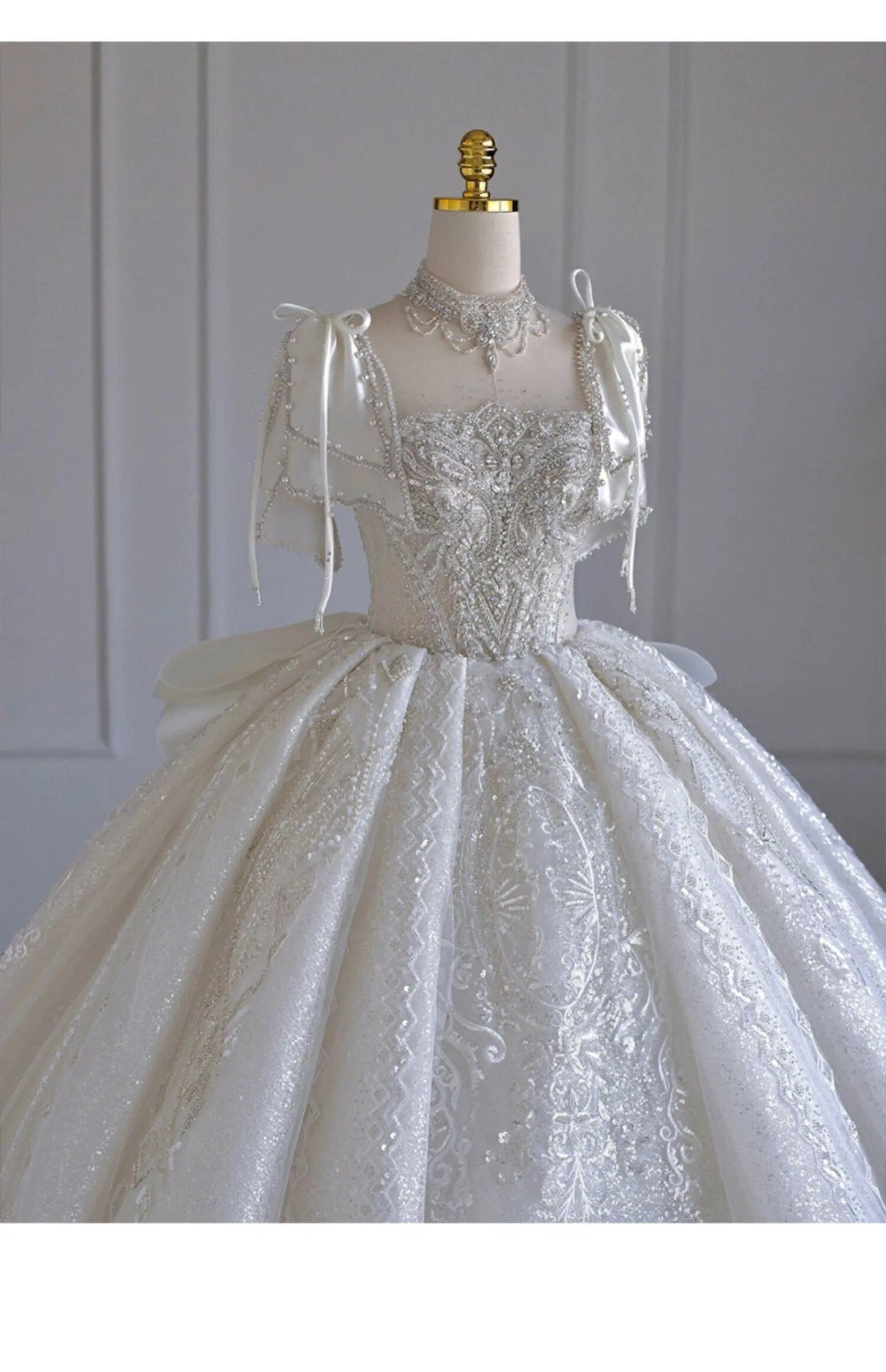 Boat Neck With Pearl Lace Up Bridal Short Sleeve Glittery Flower Satin Wedding Dress