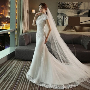 Long Sleeve Mermaid Wedding Dress Simple Lace Applique O-neck