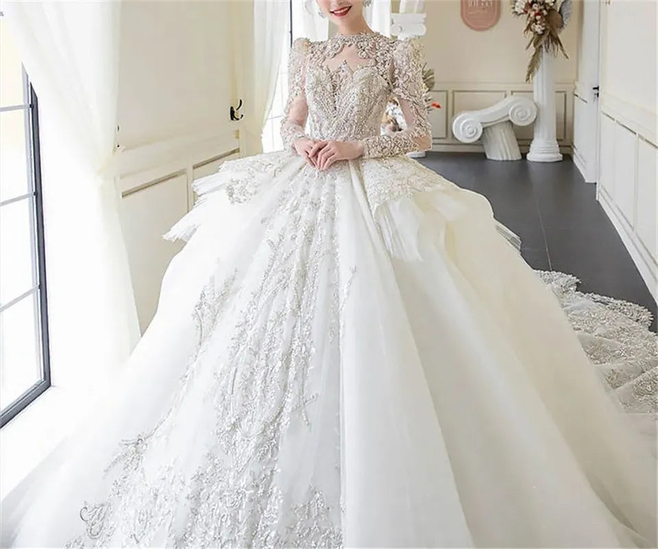 High Neck Full Sleeves Ball Crystal Bridal Gowns Sequin Pearls