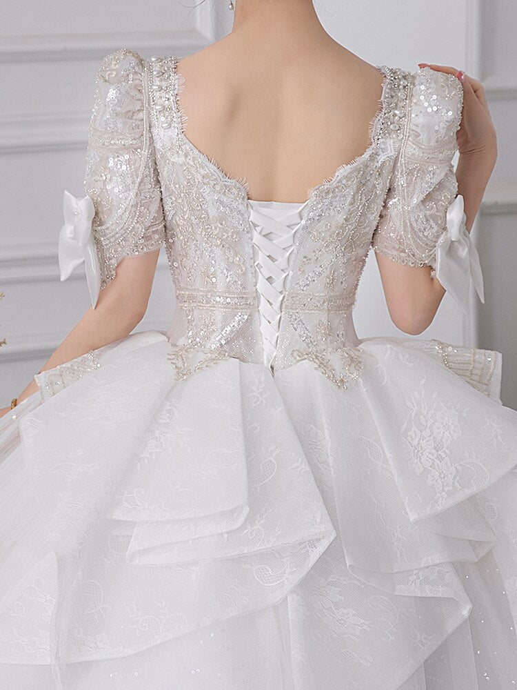Luxury Short Sleeve With Bow Lace Up Bridal Ball Gown