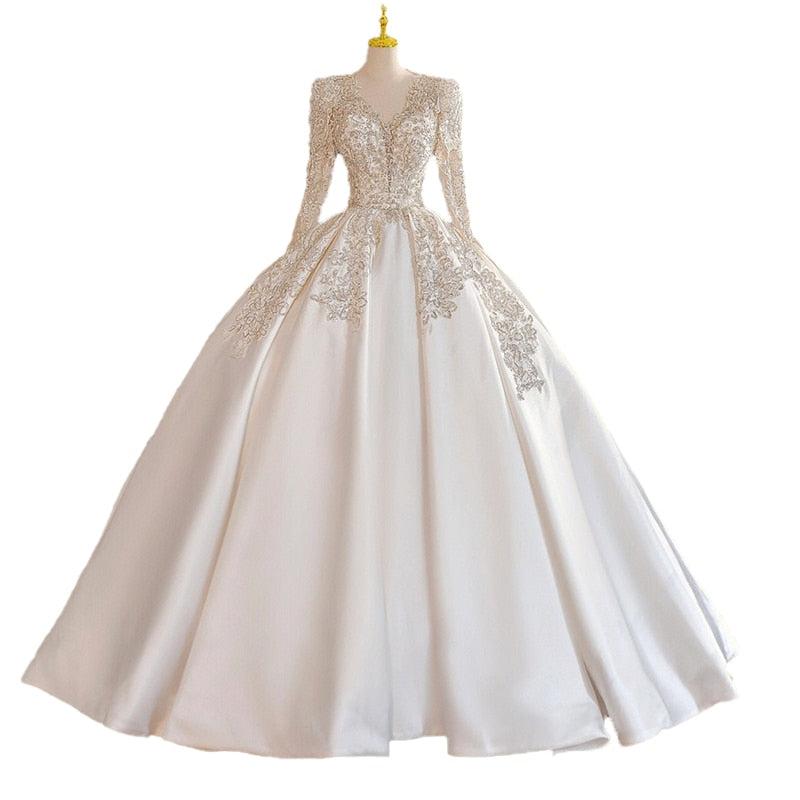 Sexy Backless Wedding Dresses Long Sleeve Satin V-neck Ball Gown