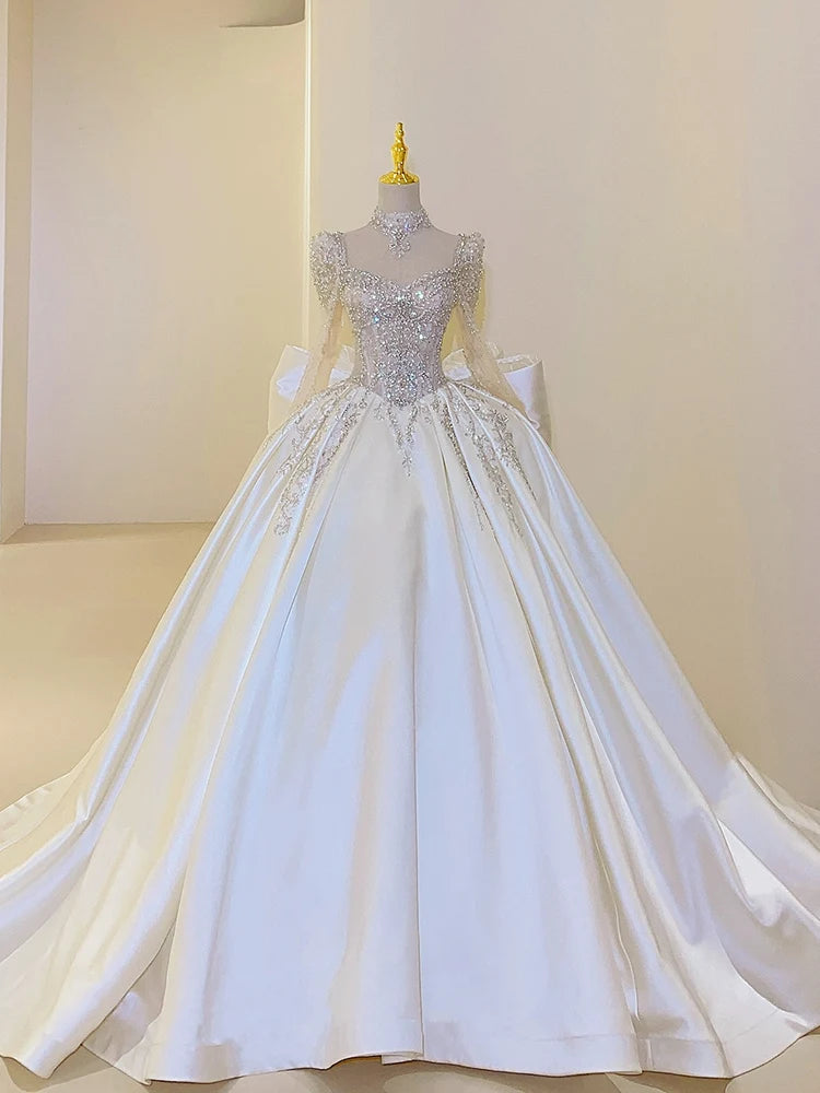 Square Collar Satin Plus Size Custom Lace Up Luxury Bridal Ball Gown Floor Or Train