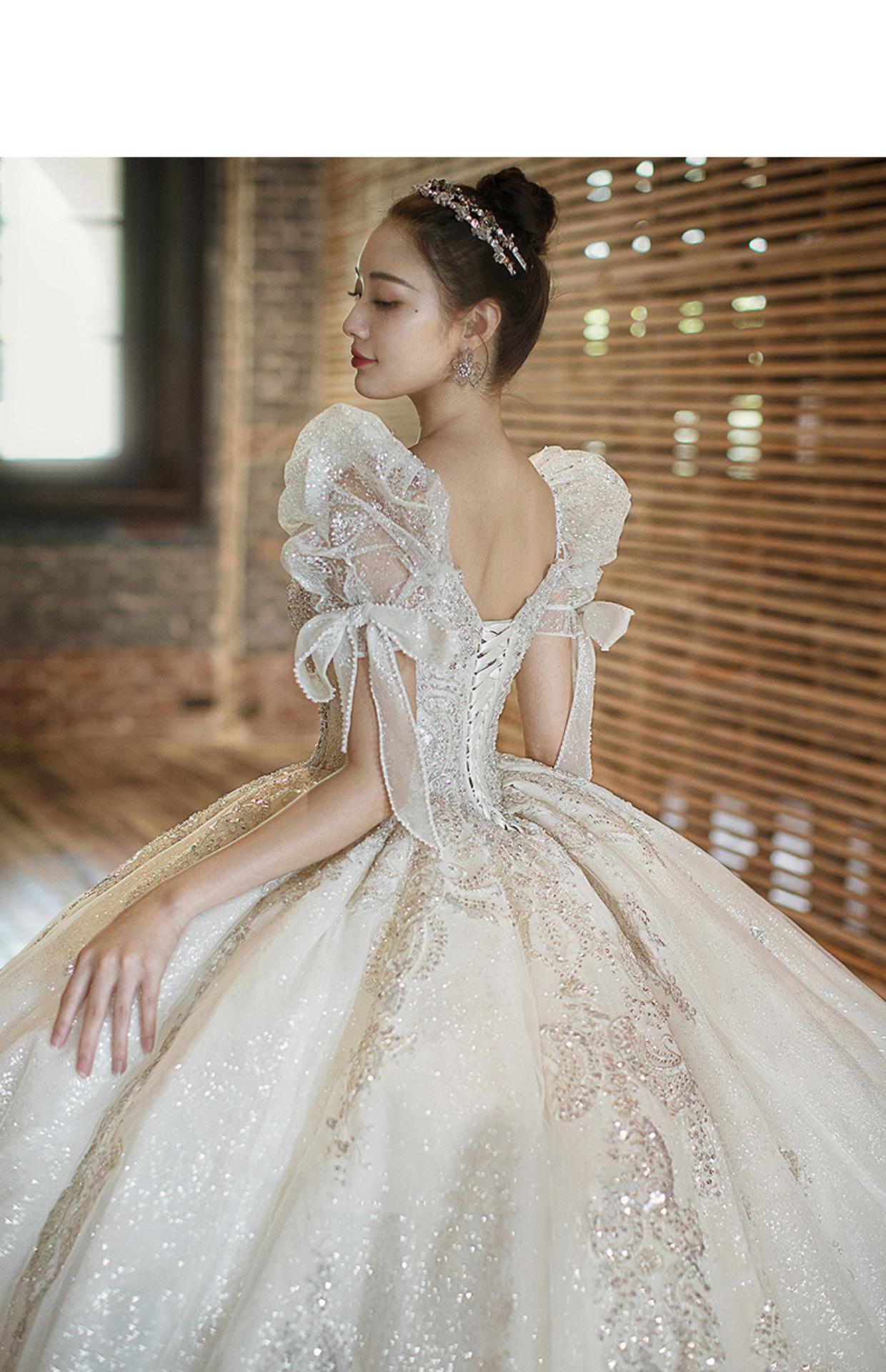 Short Sleeve Embroidered Tulle Ball Gown Wedding Gowns Shinny Princess