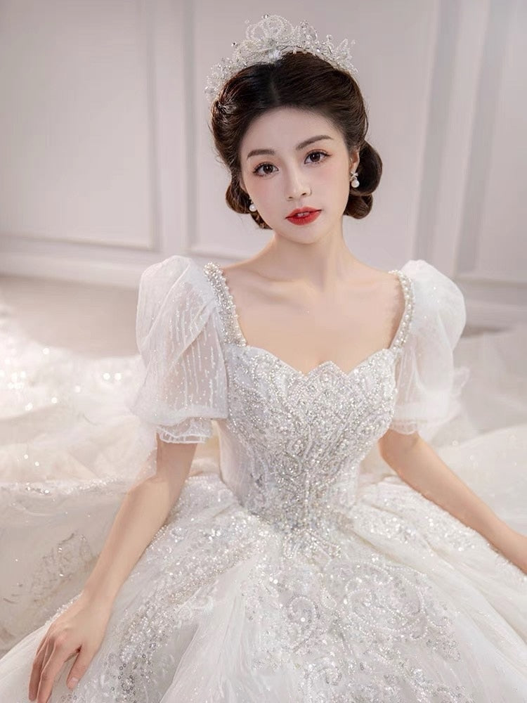 Luxury Wedding Dresses Shiny Big Beading Ball Gown With Long Train Bridal Dress Custom Made Plus Size Vestido De Noiva