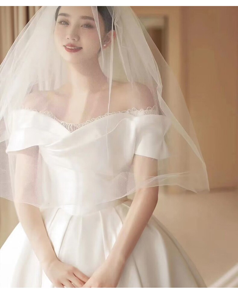 Simple Off The Shoulder Satin Wedding Dress Boat Neck