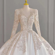 Load image into Gallery viewer, Satin Wedding Dresses Full Sleeve V-neck Sweep Train Lace Up Ball Gown
