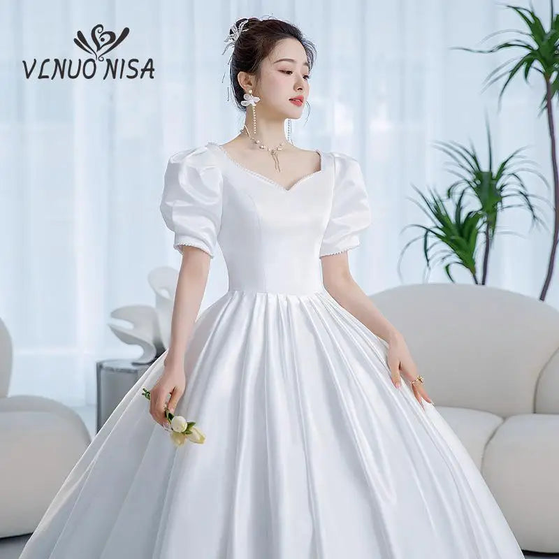 Satin Wedding Dress Sweetheart Short Sleeves Elegant Bride Ball Gown Custom Plus Size