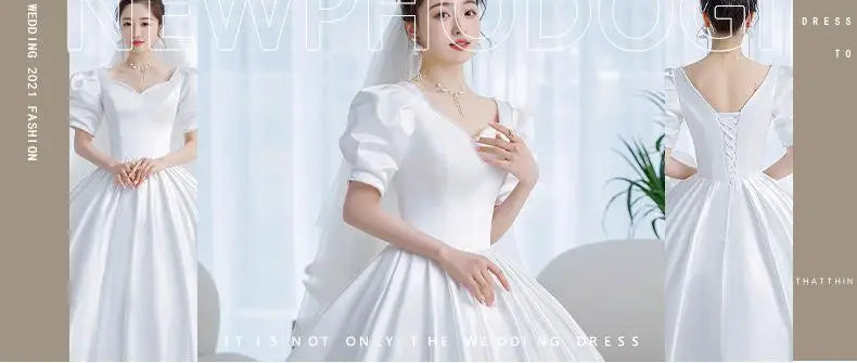 Satin Wedding Dress Sweetheart Short Sleeves Elegant Bride Ball Gown Custom Plus Size