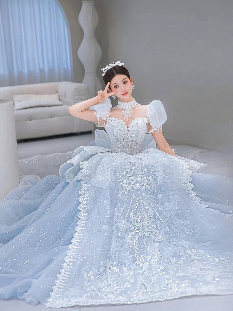 Snow Blue Princess Luxury Wedding Dress 2023 New O-neck Sexy Lace Up Applique Bridal Ball Gown Sweep