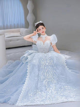 Load image into Gallery viewer, Snow Blue Princess Luxury Wedding Dress 2023 New O-neck Sexy Lace Up Applique Bridal Ball Gown Sweep
