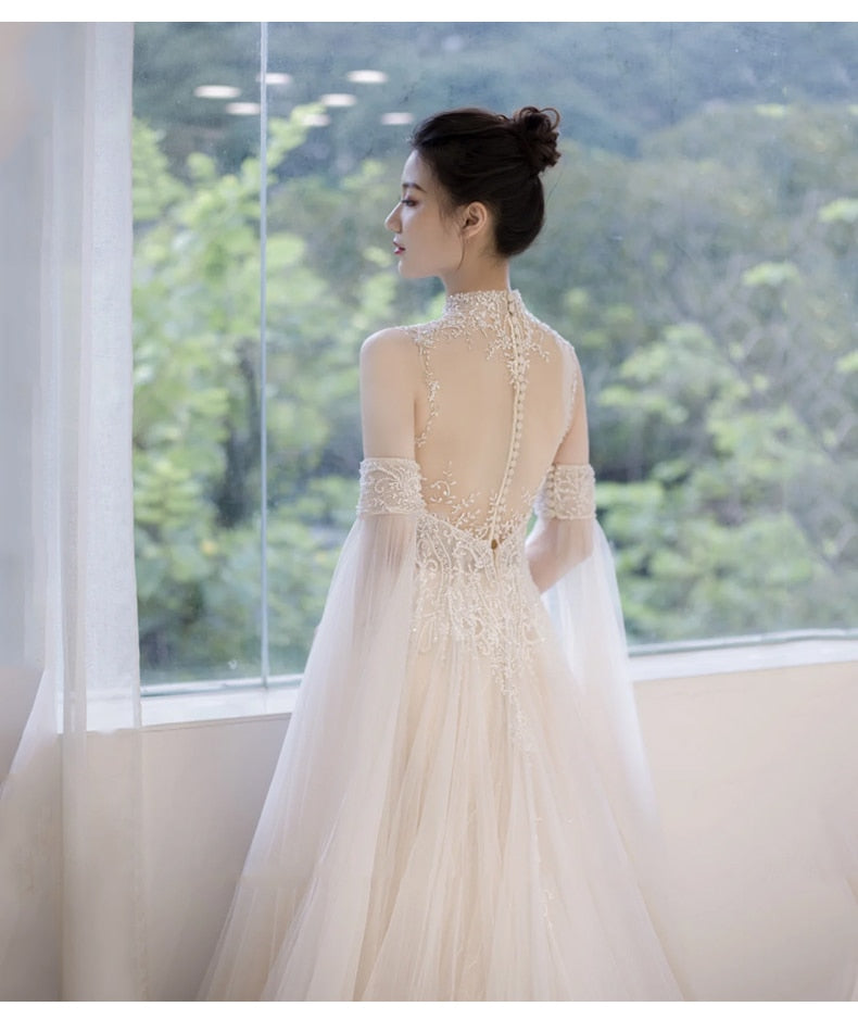 Wedding Dress French Style With Detachable Cap Luxury Embroidery Zipper With Buttones