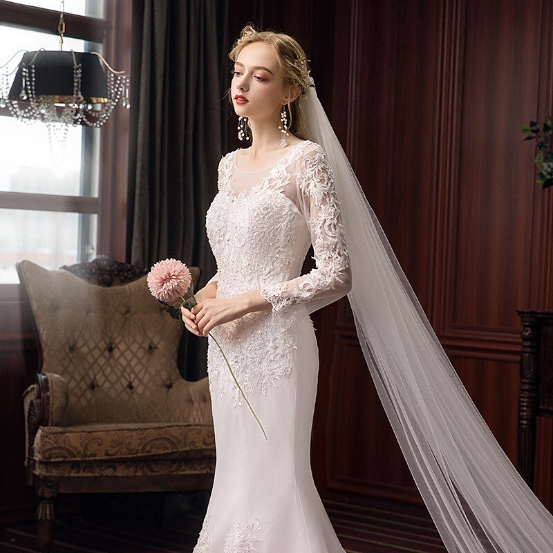 Long Sleeve Mermaid Wedding Dress Simple Lace Applique O-neck