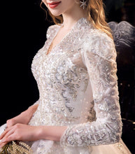 Load image into Gallery viewer, Luxury V Neck Long Sleeve Wedding Dress High Waist
