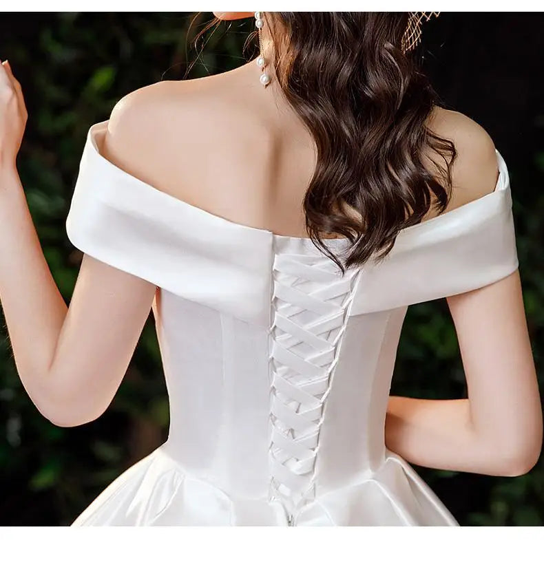 New Satin Wedding Dress Simple Boat Neck Short Sleeve Ball Gown