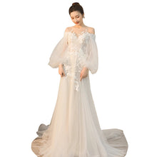 Load image into Gallery viewer, Lace Up Wedding Dress Simple Lantern Sleeve Lace Applique Bridal Dress
