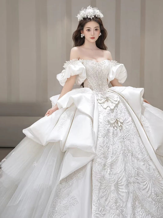 Off Shoulder Satin Gown Lace Embroidery
