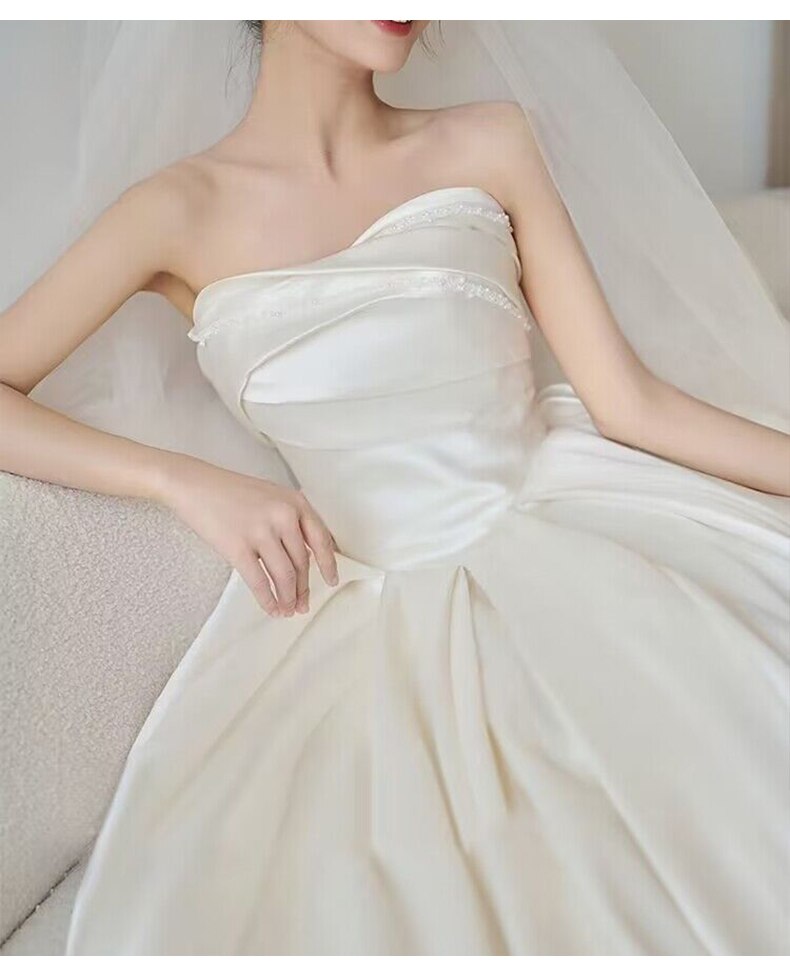 Simple Strapless Satin Wedding Dress Lace Up Train Princess