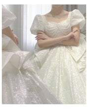 Load image into Gallery viewer, Sweetheart Beading Pearls Puff Sleeve Big Butterfly Back Lace Up Wedding Gowns
