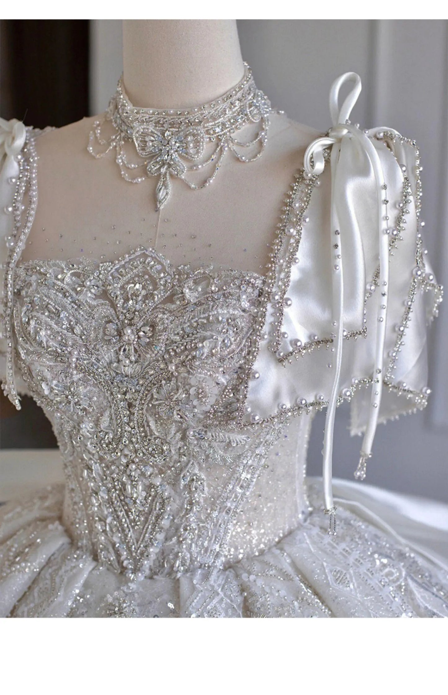 Boat Neck With Pearl Lace Up Bridal Short Sleeve Glittery Flower Satin Wedding Dress