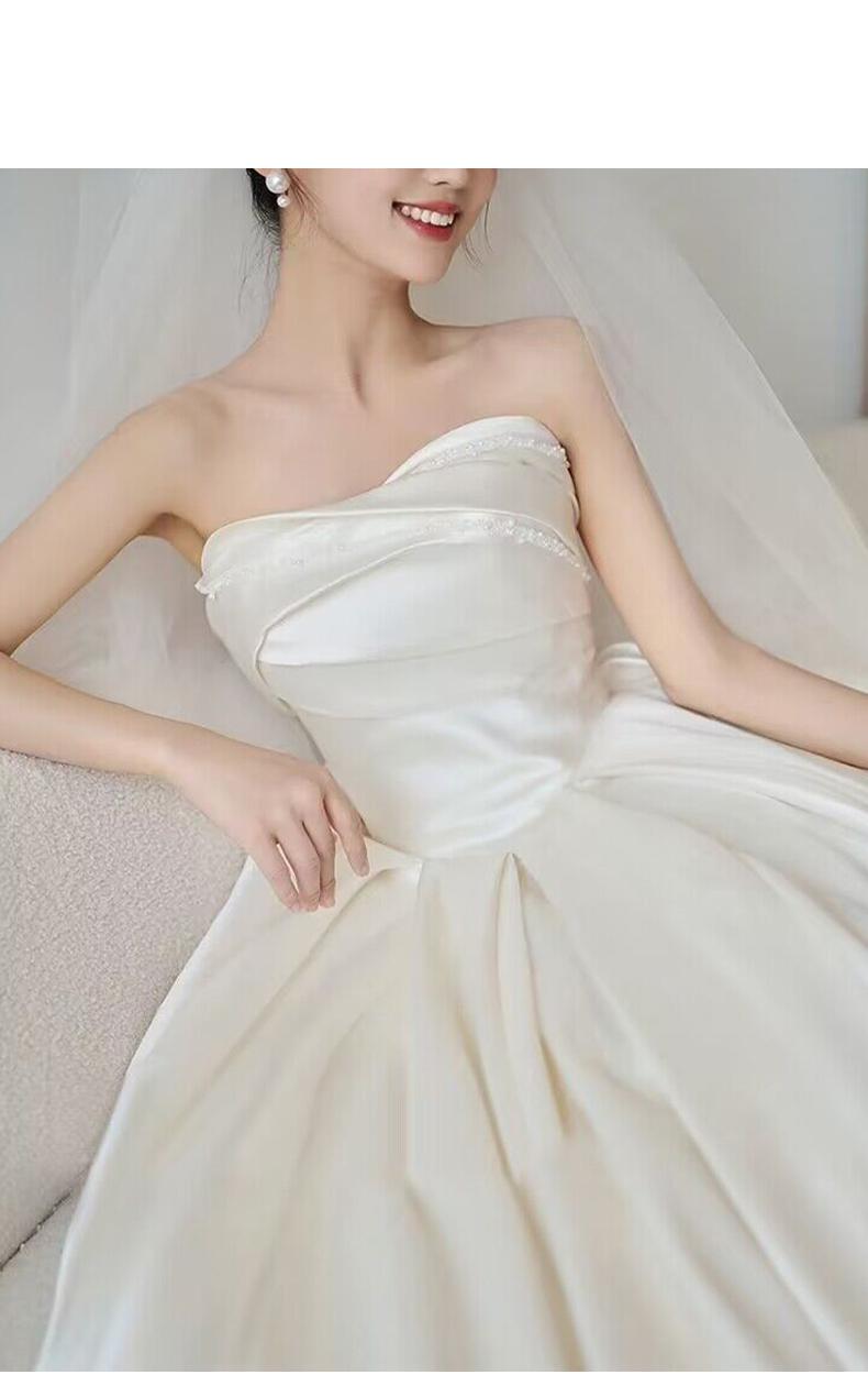 Simple Strapless Satin Wedding Dress Lace Up Train Princess