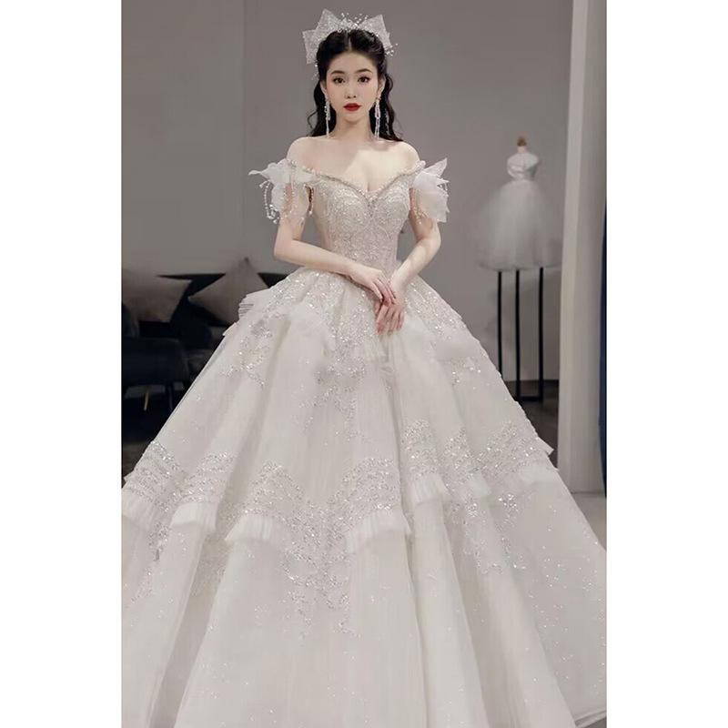 Off The Shoulder Luxury Wedding Dress With Pearls Lace Up Sexy Sleeveless Bride Ball Gown Vestido De Noiva Sweep Train