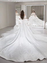 Load image into Gallery viewer, Boat Neck Satin Sweep Train Princess Wedding Gown Lace Embroidery
