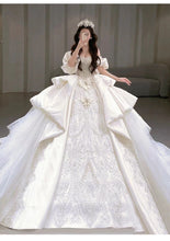 Load image into Gallery viewer, Boat Neck Satin Sweep Train Princess Wedding Gown Lace Embroidery
