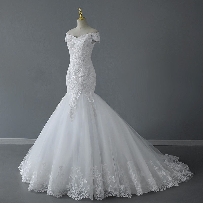 Handmade Beading Mermaid Wedding Dress Off The Shoulder Lace Embroidery