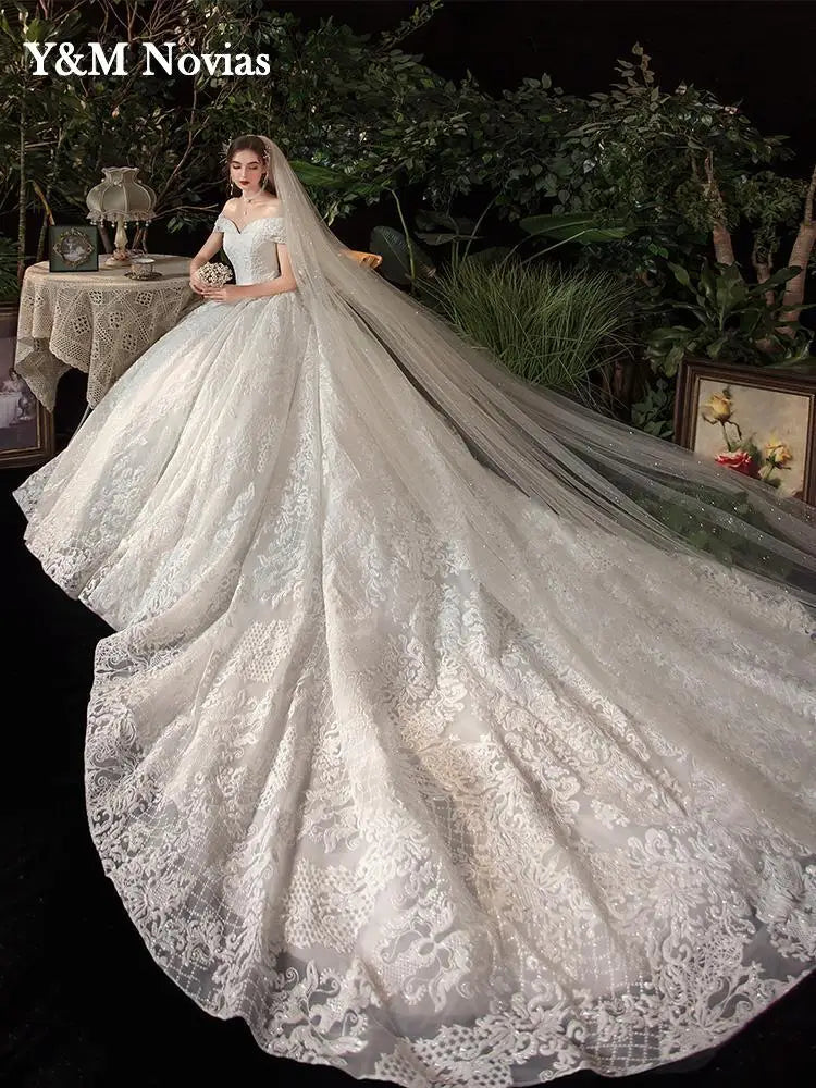Glitter White Long Lace Sequin Royal Train Bride Gowns