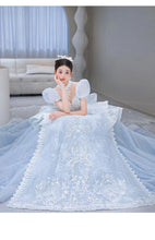 Load image into Gallery viewer, Snow Blue Princess Luxury Wedding Dress 2023 New O-neck Sexy Lace Up Applique Bridal Ball Gown Sweep
