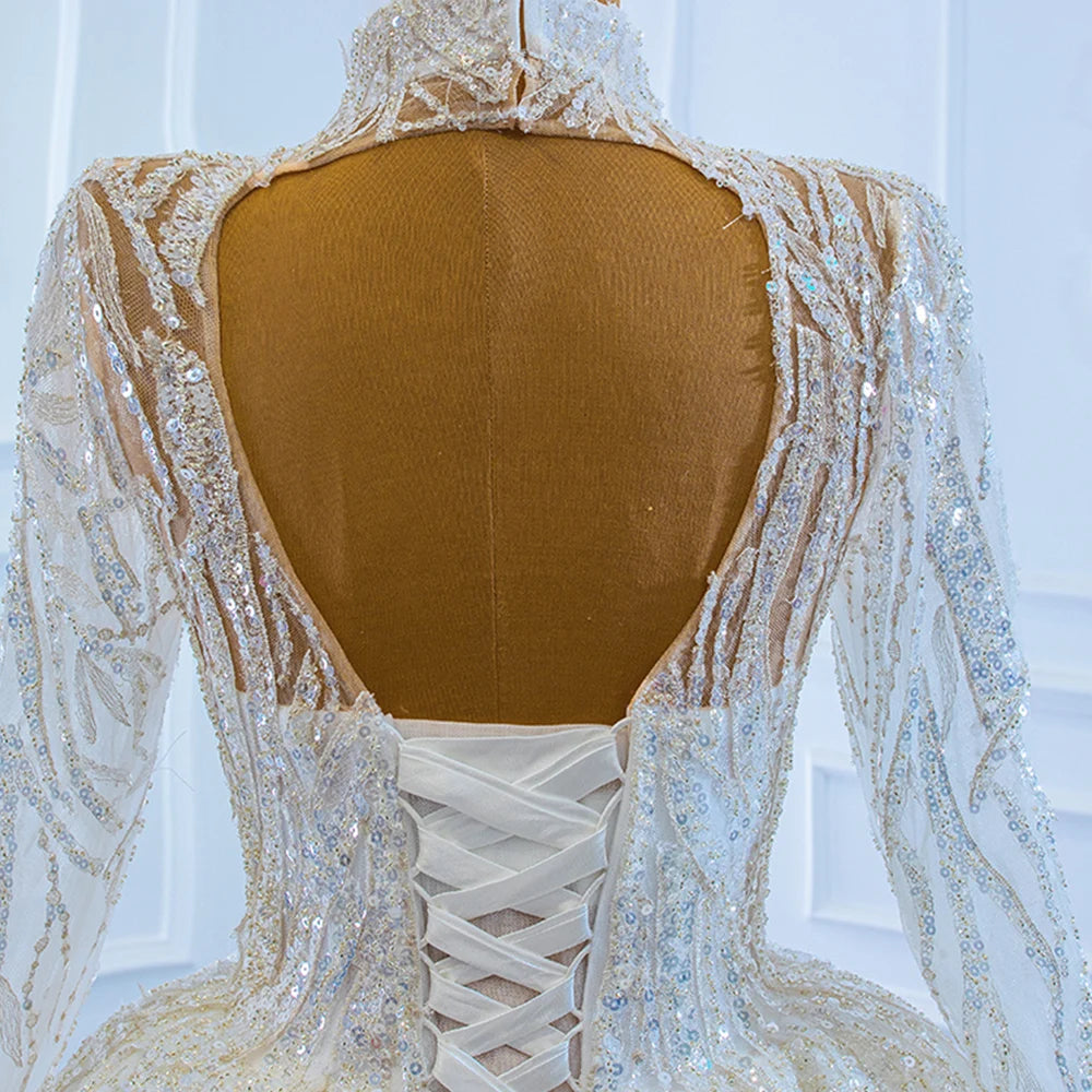High Neck Sexy Open Back Long Sleeve Shiny Full Beading Sequins A Line Dress
