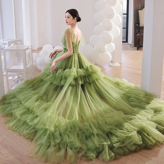 High End Green Women Evening Dresses Tulle Court Train Prom Party A Line Gowns