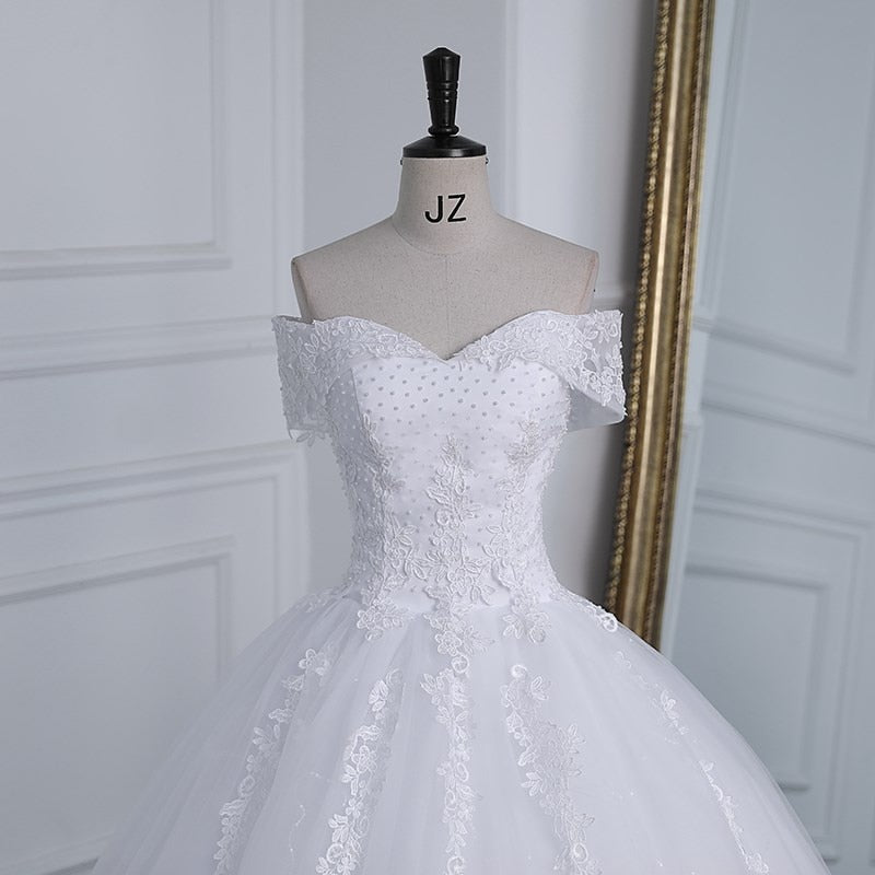 Off The Shoulder Plus Size Lace Wedding Dress Long Train Appliqes Pearls Bridal Tulle