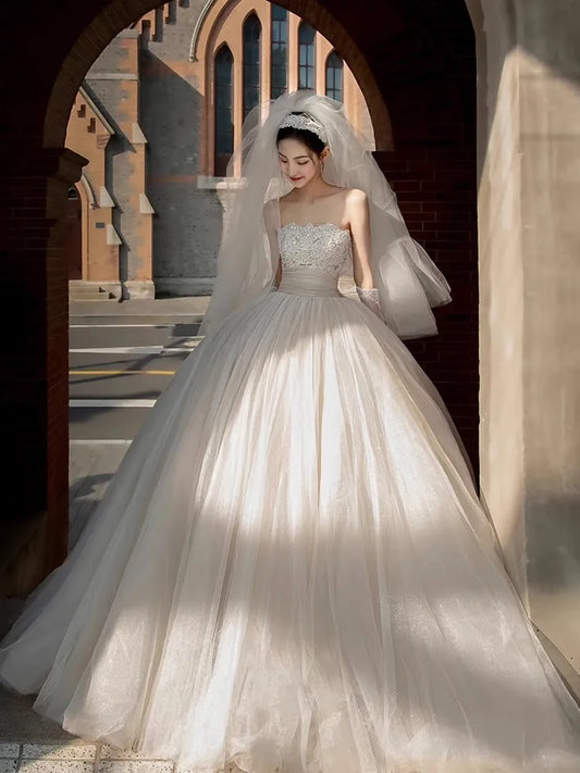 Beading Sleeveless Strapless Tulle Ball Flower Empire Applique Lace Gowns