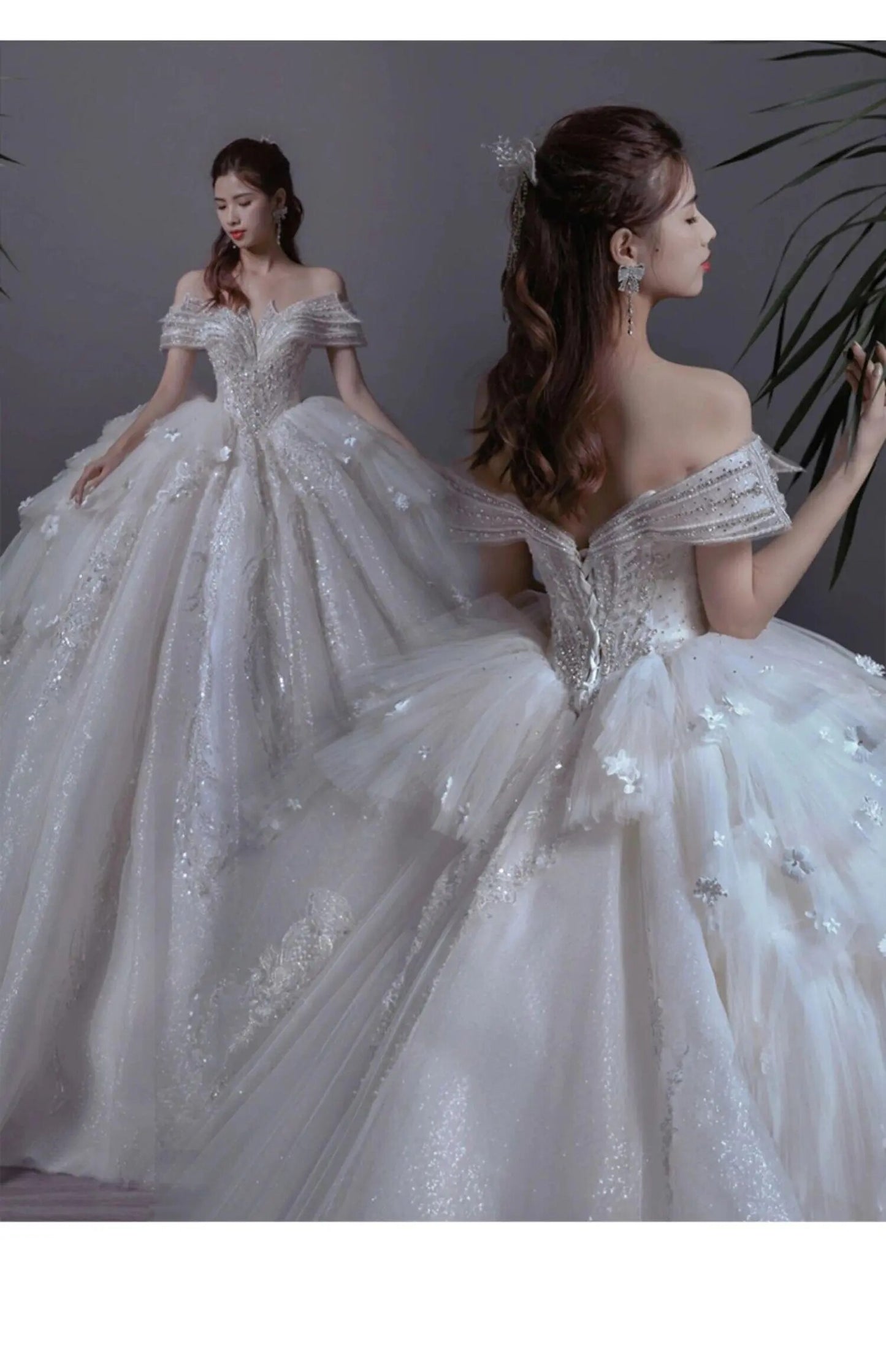 Floral Print Off The Shoulder Lace Luxury Wedding Dress