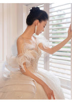 Load image into Gallery viewer, Luxury Sling Wedding Dress Boat Neck Glittery Pearls Lace Dress
