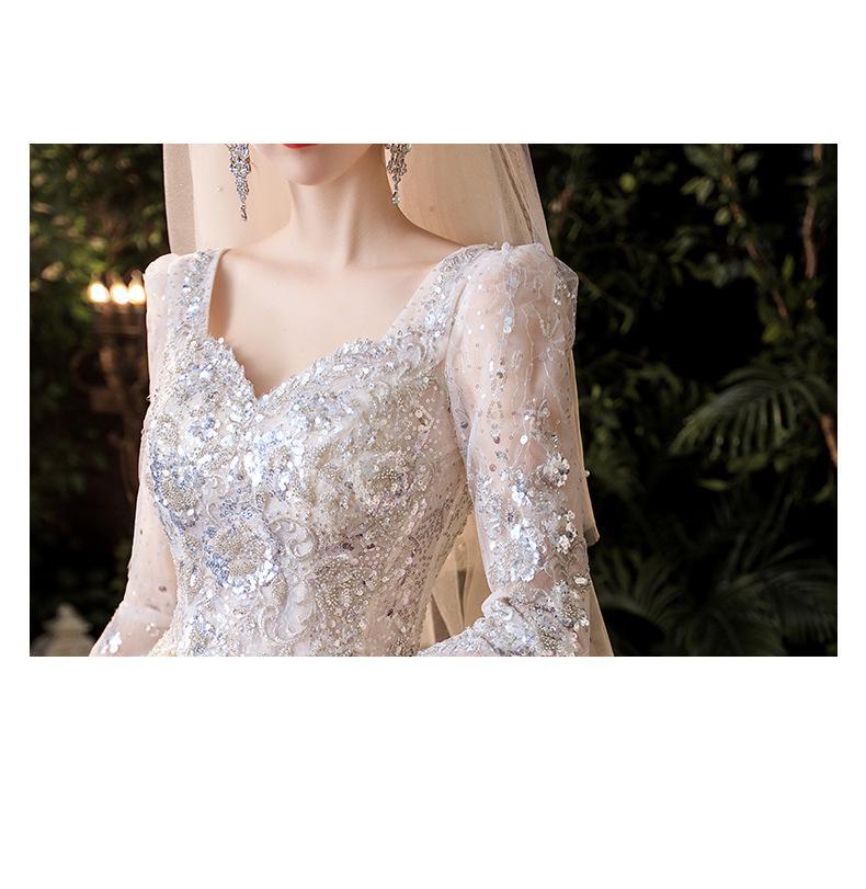 Luxury Long Sleeve Boat-neck Sweep Train Lace Up Gown