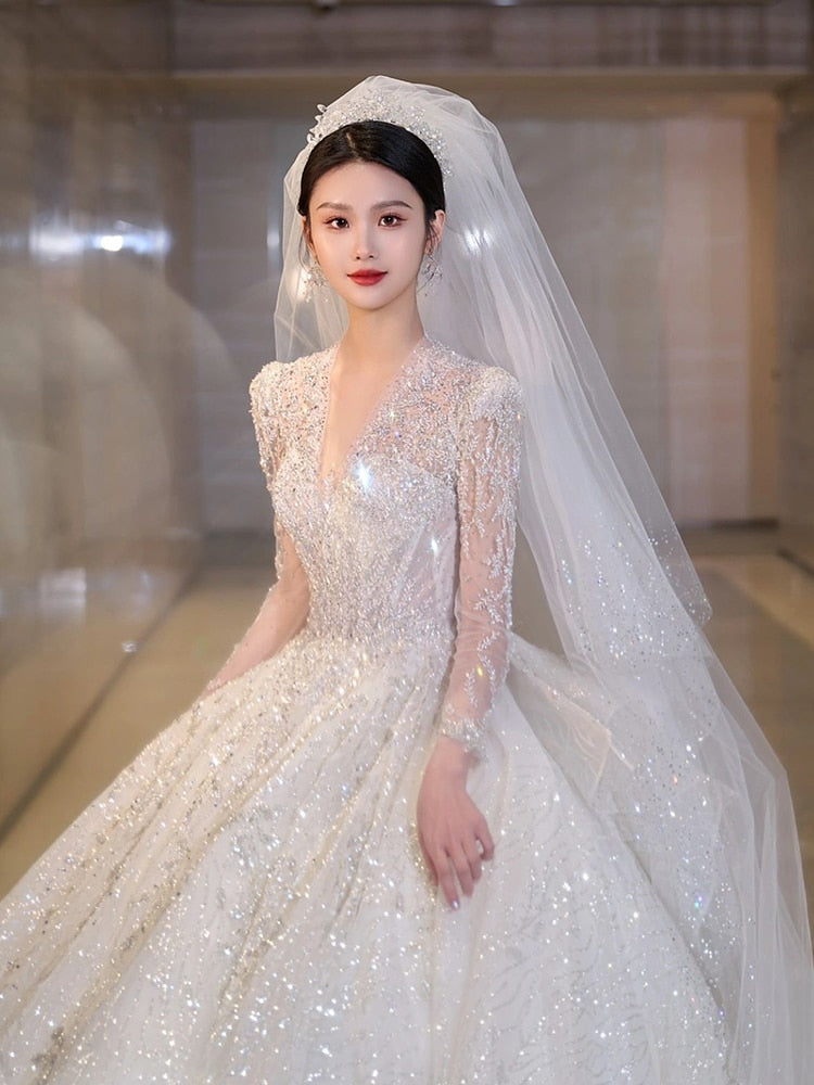 Luxury Glittery Long Sleeve Lace Up Bridal Dress
