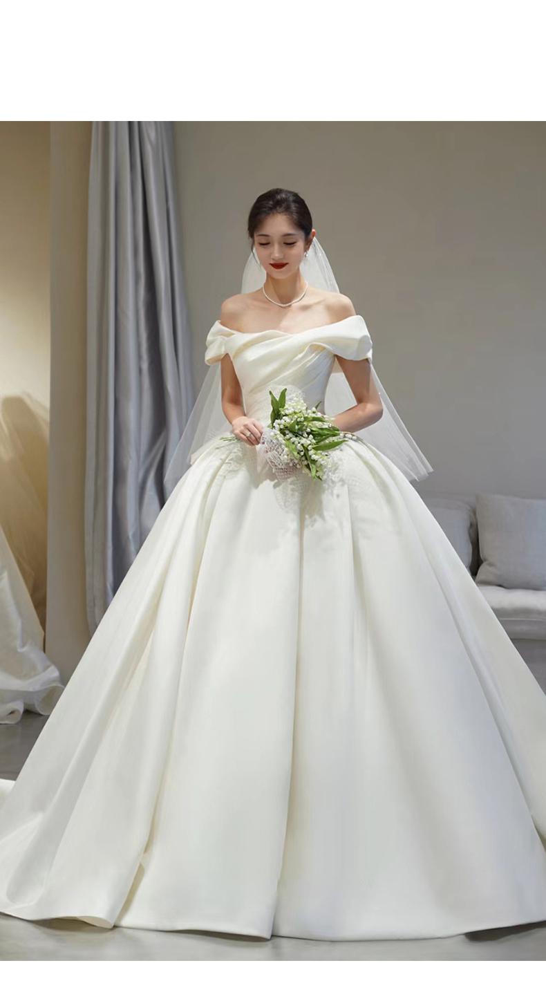 Spring Off The Shoulder Wedding Dress Simple Satin Sweep Train Bridal Gown