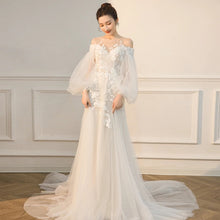 Load image into Gallery viewer, Lace Up Wedding Dress Simple Lantern Sleeve Lace Applique Bridal Dress
