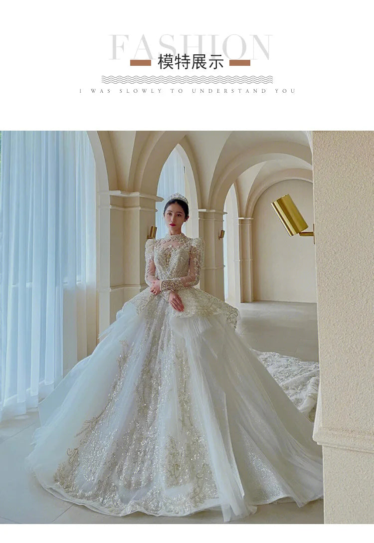 Bridal veil Long Sleeve shining sequin trailing French Luxury gown