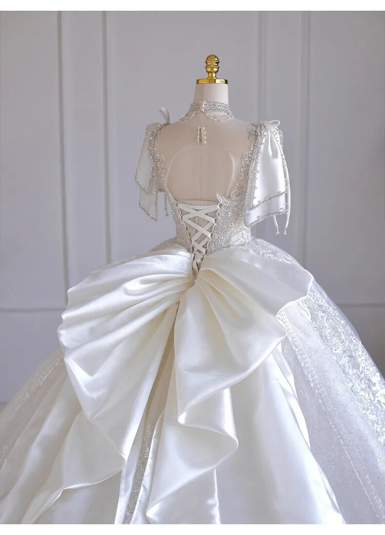 Boat Neck With Pearl Lace Up Bridal Short Sleeve Glittery Flower Satin Wedding Dress