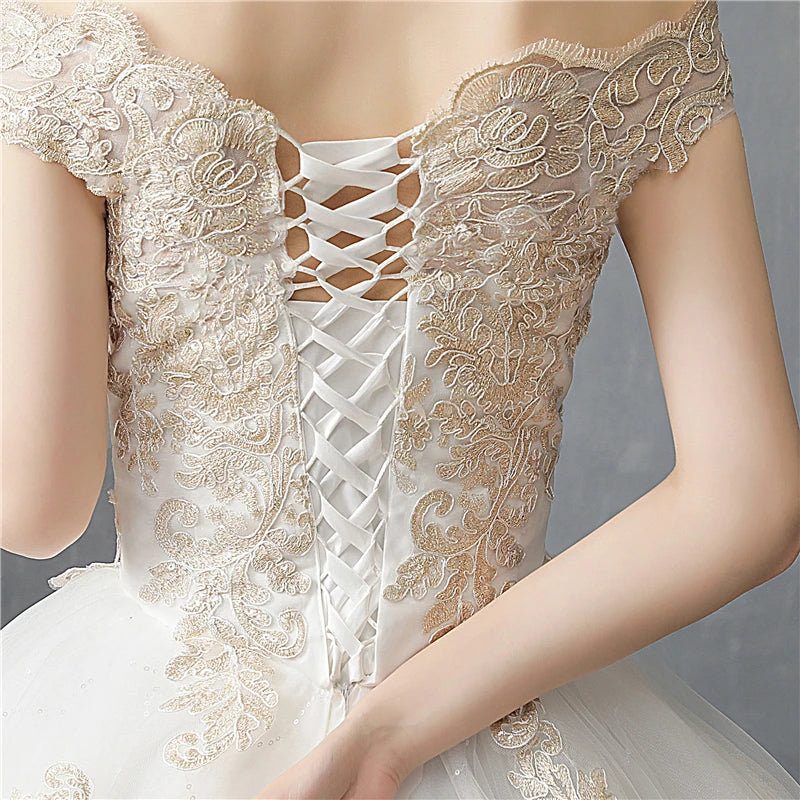 Simple Wedding Dress Off Shoulder Short Sleeve Floor or Train Wedding Gown Lace Applique Plus Size
