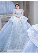 Load image into Gallery viewer, Snow Blue Princess Luxury Wedding Dress 2023 New O-neck Sexy Lace Up Applique Bridal Ball Gown Sweep
