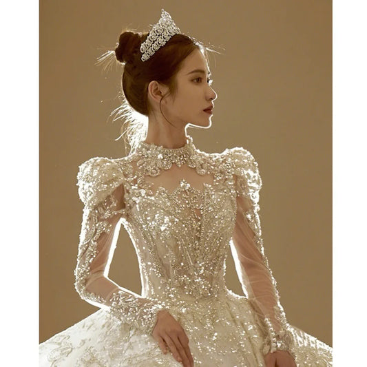 Bridal veil Long Sleeve shining sequin trailing French Luxury gown