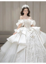Load image into Gallery viewer, Boat Neck Satin Sweep Train Princess Wedding Gown Lace Embroidery

