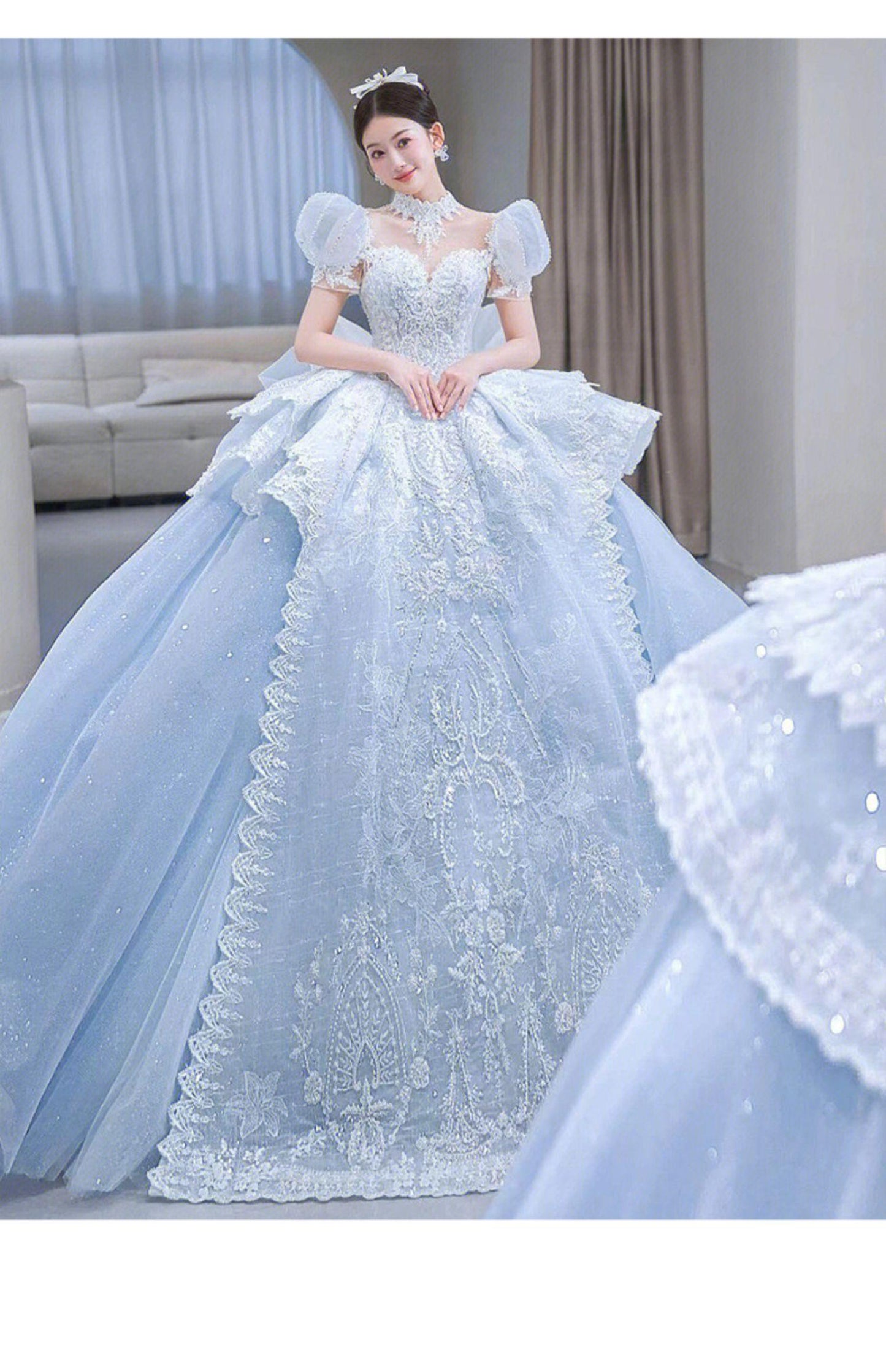Snow Blue Princess Luxury Wedding Dress 2023 New O-neck Sexy Lace Up Applique Bridal Ball Gown Sweep