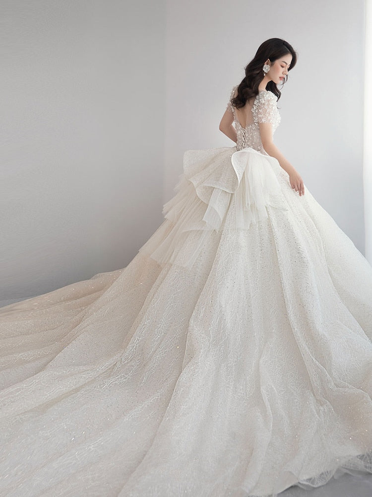 Handmade Luxury Shining Sequins Princess Ball Gown With Sweep Train Vintage